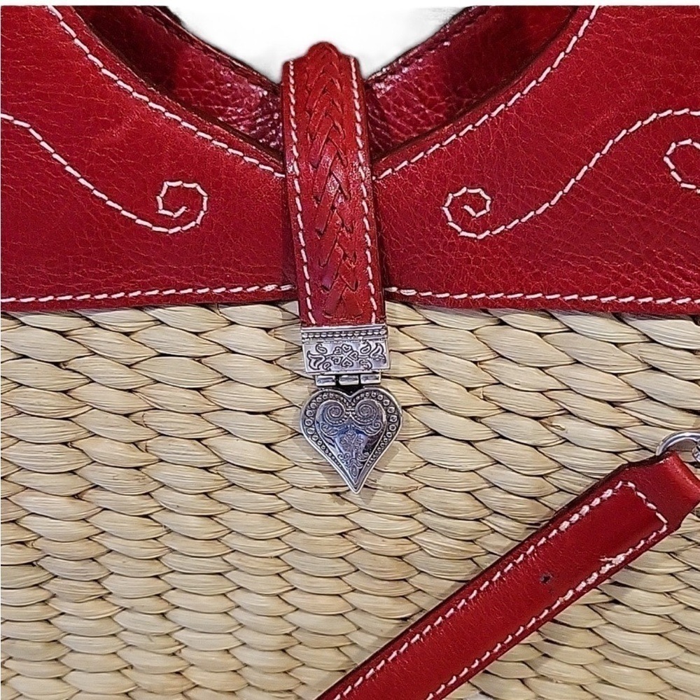 Brighton Straw & Red Leather Top Stitch Bucket Handbag Shoulder Strap Cr… - Picture 5 of 14
